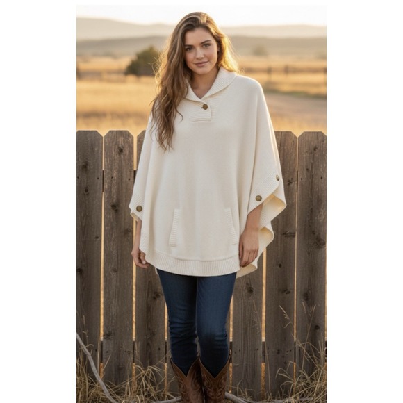 Lauren Jeans Co. Sweaters - LRL Ralph Lauren Women's M Ivory Shawl Collar Sweater Poncho Classic Coastal